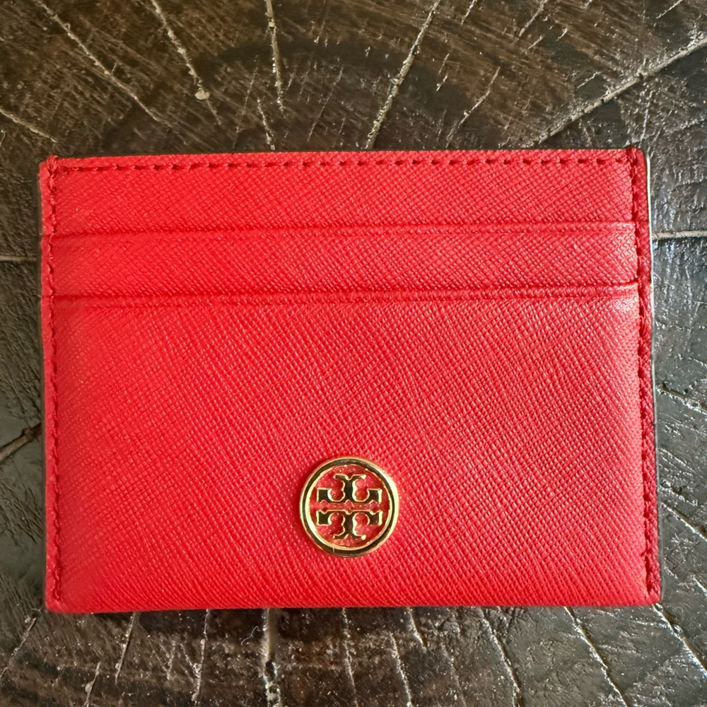 Tory Burch Red Leather Key Card Holder with Gold Logo